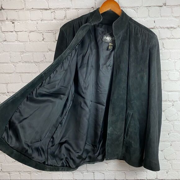Vintage 90s Artpel Genuine Suede Leather Open Front Black Blazer Jacket Large - Picture 9 of 11